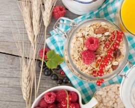 A healthy well-balanced breakfast of high fibre foods to help avoid constipation and prevent varicose veins